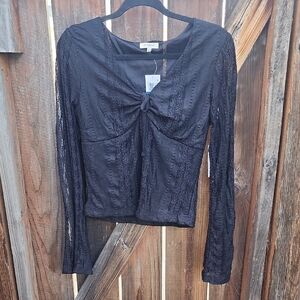 New No Comment Black Lace Top with Tie Front, NWT, Sz. XL